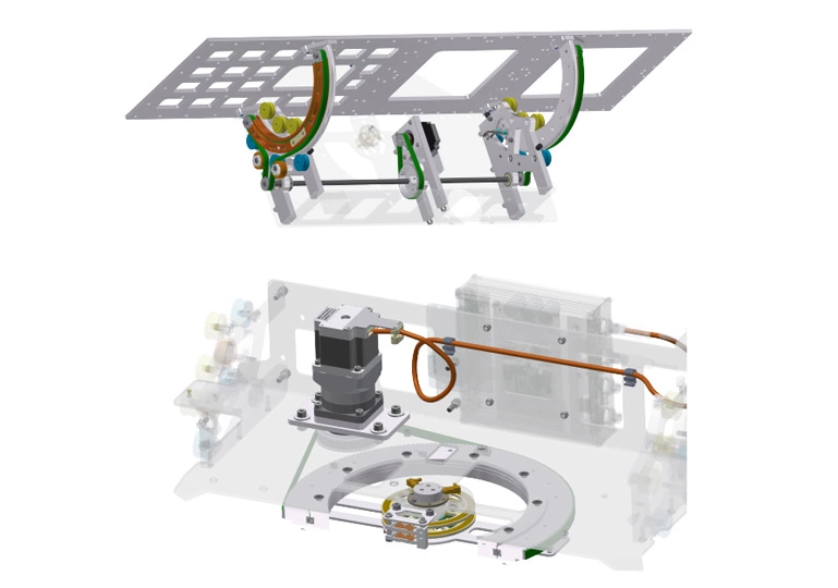 A graphic 3D representation of the flat antenna and its drive system